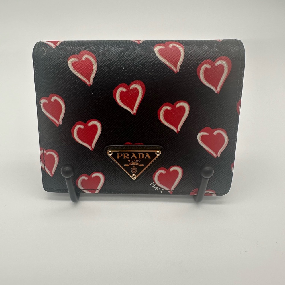 EUC Prada Compact Saffiano Leather Heart Wallet Red and Black